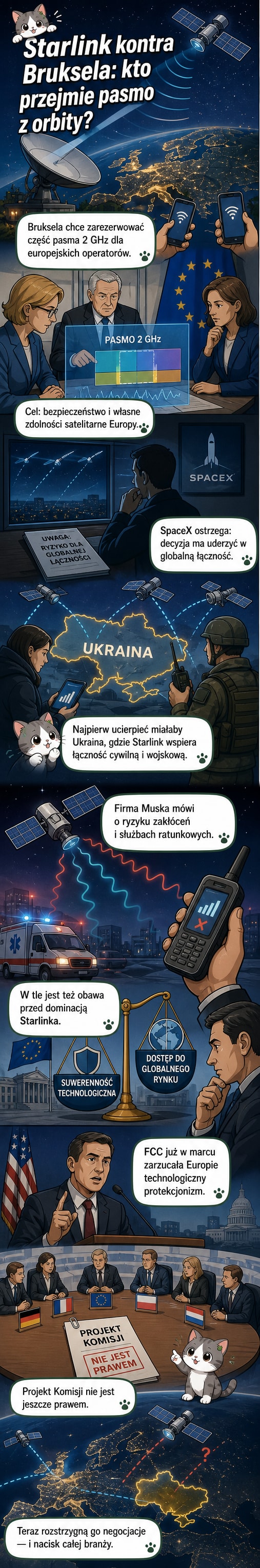 Ilustracja przedstawia satelitę Starlink na orbicie, z jednej strony UE z symbolem zablokowanego sygnału, z drugiej Ukraina z działającym połączeniem satelitarnym.