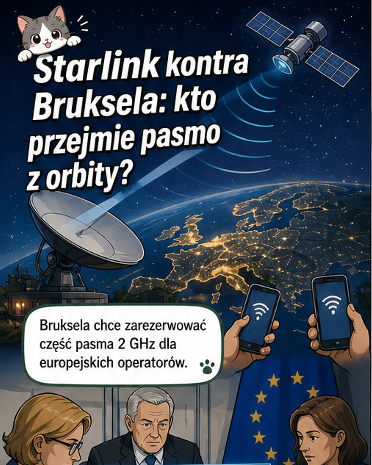 Ilustracja przedstawia satelitę Starlink na orbicie, z jednej strony UE z symbolem zablokowanego sygnału, z drugiej Ukraina z działającym połączeniem satelitarnym.