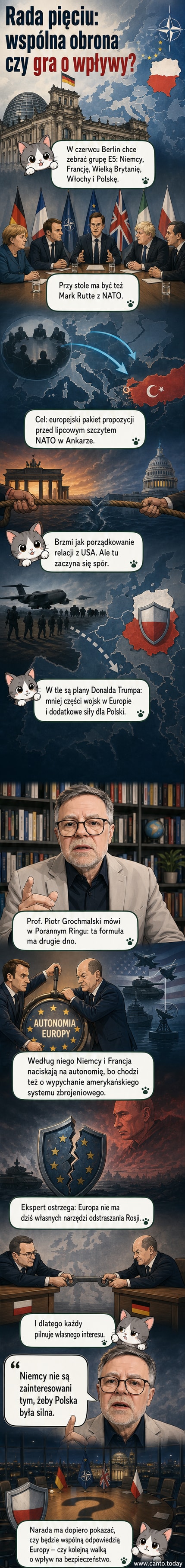 Ilustracja przedstawiająca mapę Europy z sylwetkami liderów Niemiec, Francji, Wielkiej Brytanii, Włoch i Polski, rozmawiających przy stole konferencyjnym, w tle widoczny znak NATO.