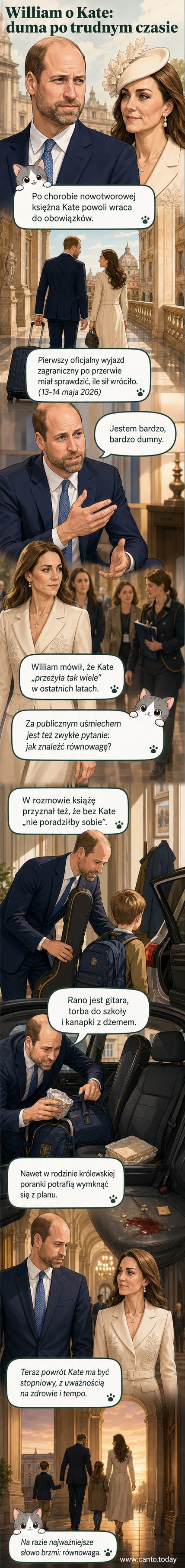 Książę William i księżna Kate uśmiechają się podczas oficjalnego wyjazdu do Włoch, w tle tłumy i flagi.