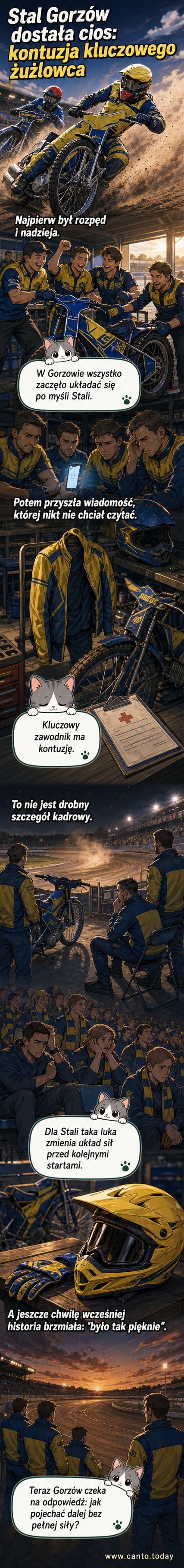 Zawodnik Stali Gorzów trzyma się za nogę na torze, podczas meczu w Gorzowie Wielkopolskim.