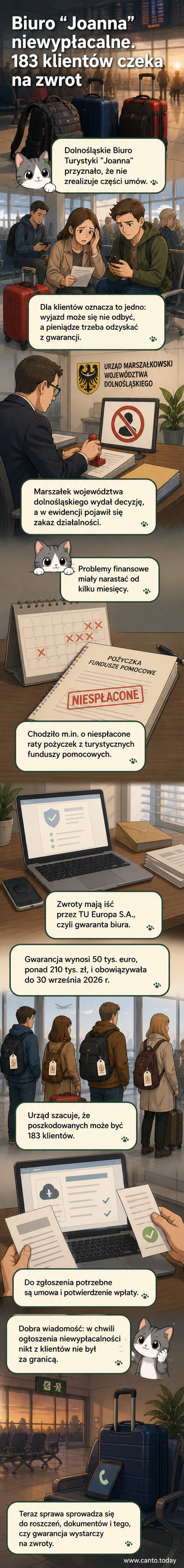Ilustracja biura podróży z zamkniętymi drzwiami i tablicą z ogłoszeniem niewypłacalności, przy której stoją rozczarowani turyści z walizkami