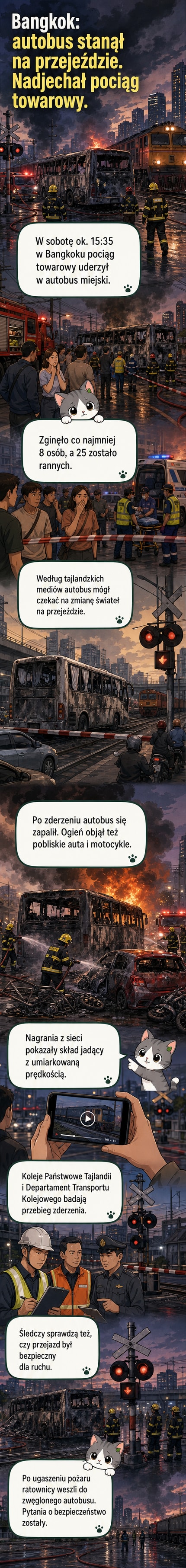 Zdjęcie satelitarne stacji Makkasan w Bangkoku z czerwoną ikoną zaznaczającą miejsce wypadku; obok wizualizacja pociągu uderzającego w autobus na przejeździe kolejowym.