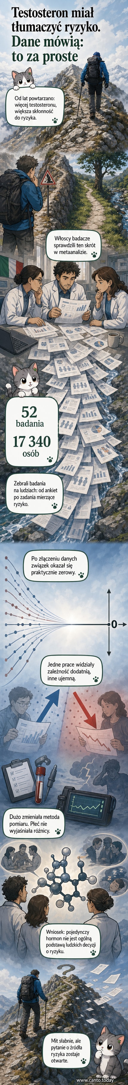 Ilustracja przedstawiająca ludzki mózg i wykresy poziomu hormonów, z symbolem testosteronu i znakiem zapytania nad decyzją ryzykowną.