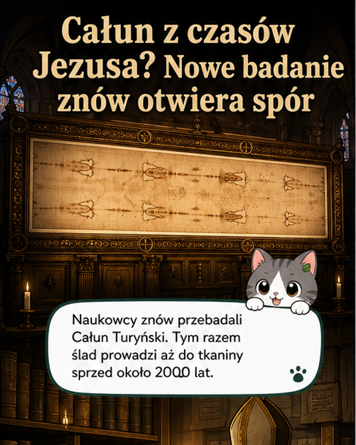 Ilustracja Całunu Turyńskiego z widocznym odbitym obrazem mężczyzny, na tle schematu analizy promieniowaniem rentgenowskim i datowania włókien.