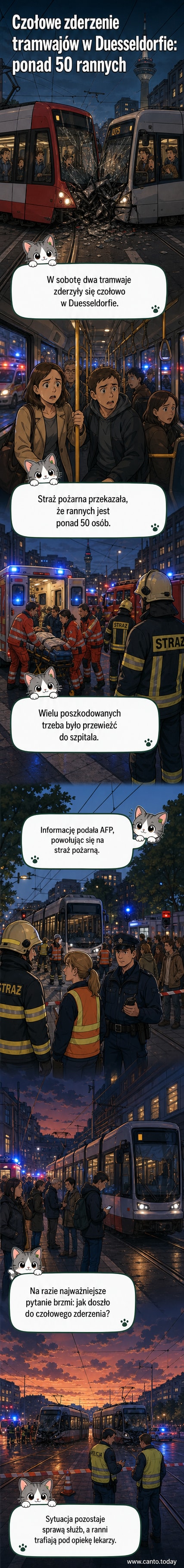 Zderzone tramwaje w Duesseldorfie, otoczone pojazdami ratunkowymi i służbami porządkowymi.