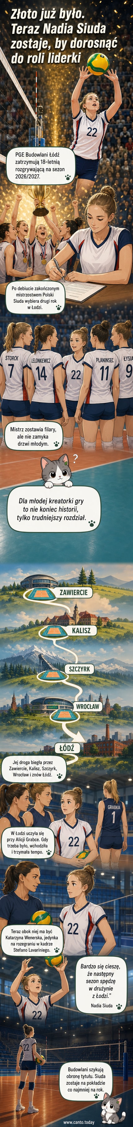 Młoda siatkarka Nadia Siuda w stroju PGE Budowlani Łódź, trzymająca piłkę, uśmiechnięta przed rozgrywką.