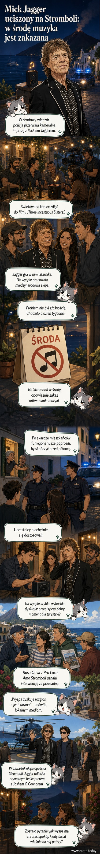 Mick Jagger i inni aktorzy siedzą przy stole w knajpce na Stromboli, podczas przerwanej imprezy, z policją w tle.