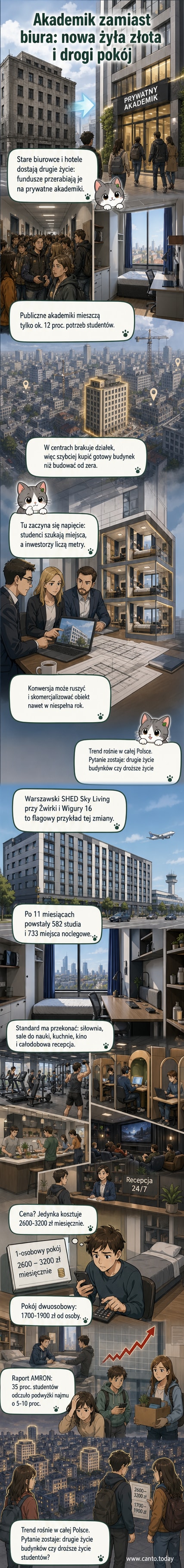 Wizualizacja wnętrza luksusowego akademika studenckiego z nowoczesnym wyposażeniem, siłownią i wspólną kuchnią w tle