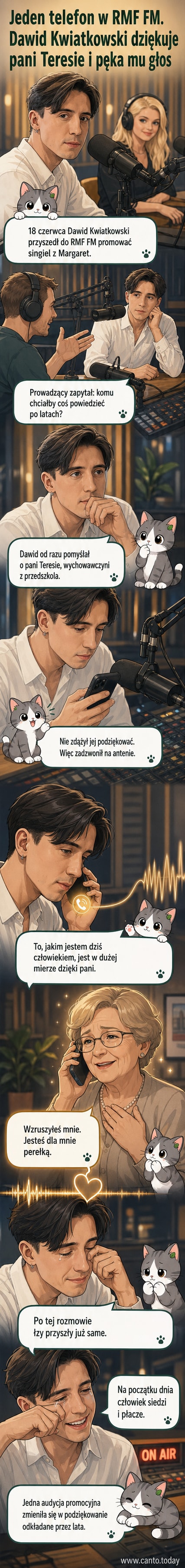 Dawid Kwiatkowski podczas rozmowy radiowej, z emocjami, trzyma telefon, gotów zadzwonić do swojej dawnej wychowawczyni
