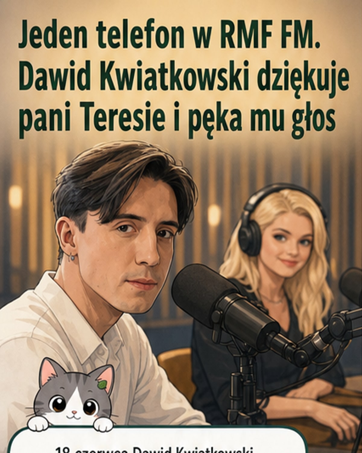 Dawid Kwiatkowski podczas rozmowy radiowej, z emocjami, trzyma telefon, gotów zadzwonić do swojej dawnej wychowawczyni