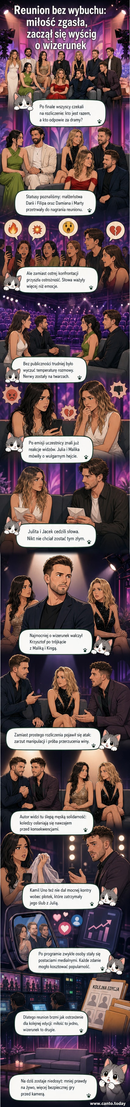Grupa uczestników w eleganckich strojach stoi na scenie, tło z czerwonymi neonami z napisem "Love is Blind Reunion".