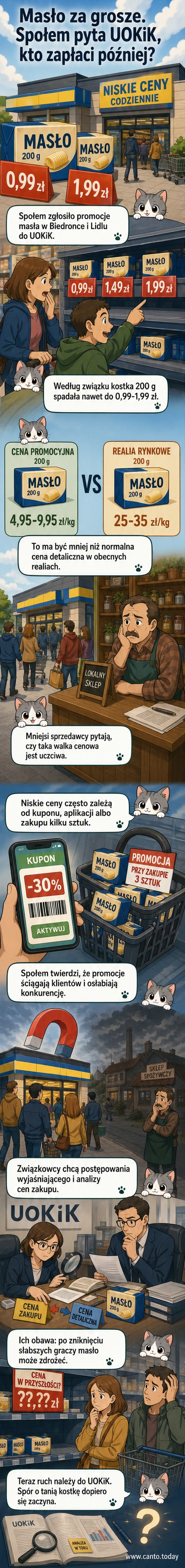 Ilustracja przedstawia dwie kostki masła z cenami 0,99 zł i 1,99 zł, jedna z nich leży przed wejściem do sklepu Biedronka, druga przed Lidlem, w tle widoczne są małe sklepy z wygaszonymi szyldami.