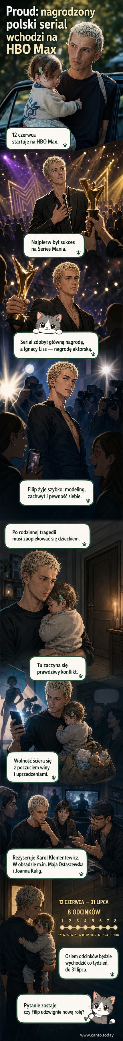 Zdjęcie promocyjne z serialu „Proud”: Ignacy Liss w roli Filipa, młodego mężczyzny w eleganckim ubraniu, stojącego przed drzwiami z małym dzieckiem w ramionach, tło w ciepłych odcieniach.