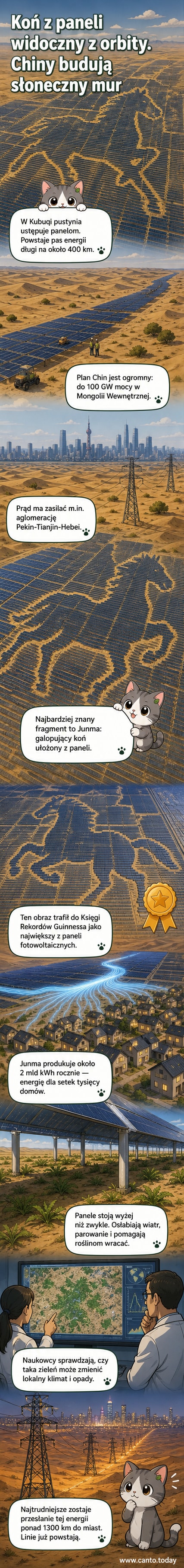 Satelitarny widok na pustyni Kubuqi, gdzie panele słoneczne tworzą gigantyczny kształt galopującego konia wśród piaszczystego krajobrazu.