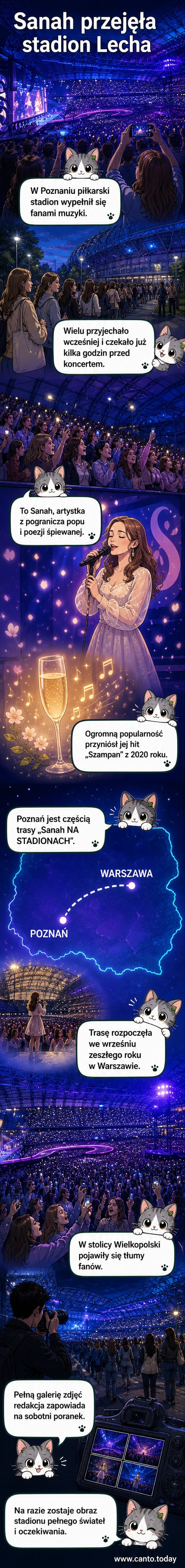 Tłumy widzów na stadionie Lecha w Poznaniu podczas koncertu Sanah, artystka w jasnej stylizacji na scenie z dużym ekranem w tle.