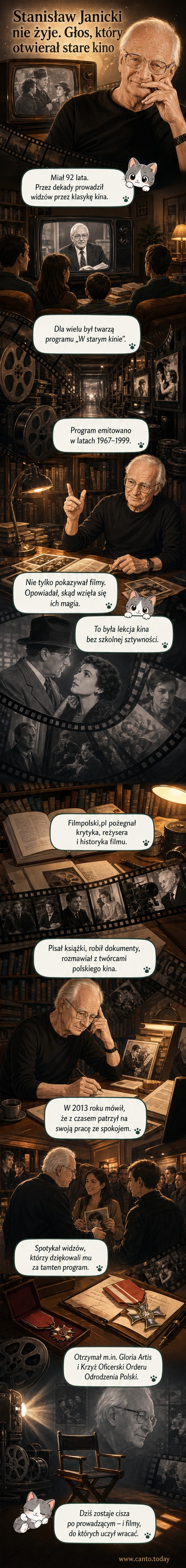 Czarno-biały portret Stanisława Janickiego w okularach, w eleganckim garniturze, z charakterystycznym uśmiechem.