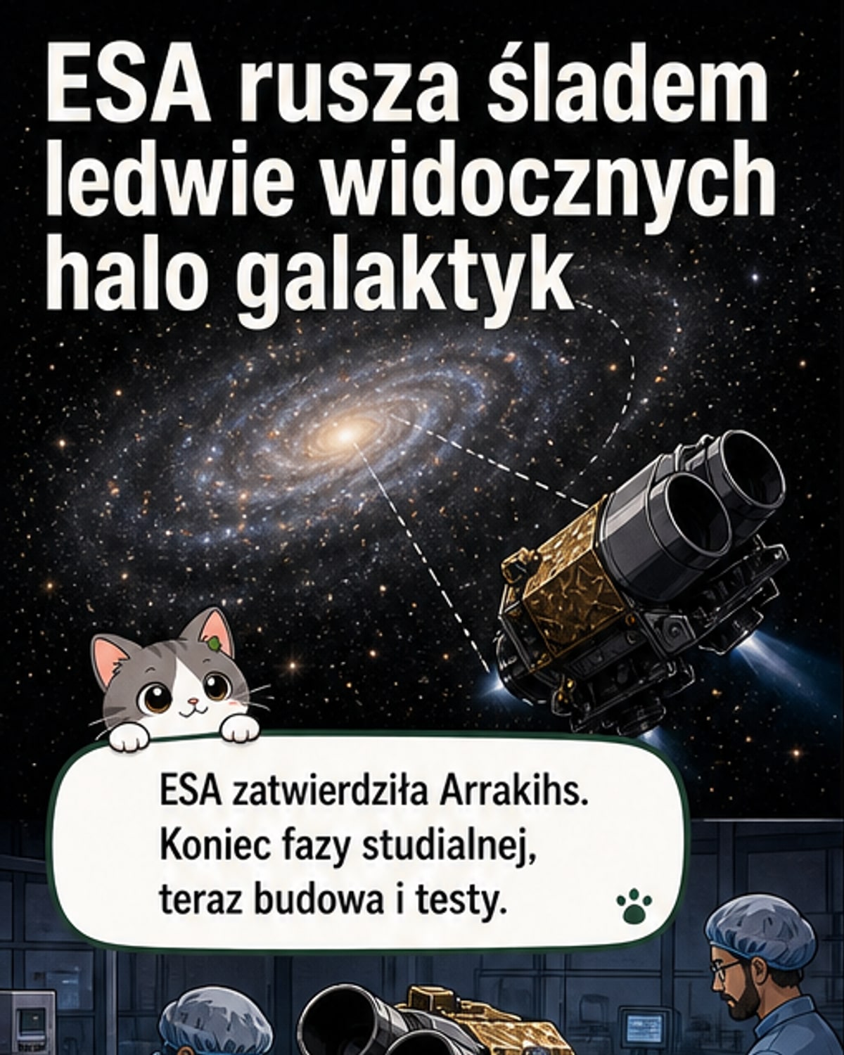Ilustracja sondy kosmicznej Arrakihs krążącej wokół Ziemi, z tłem galaktyki i rozmytym halo ciemnej materii.