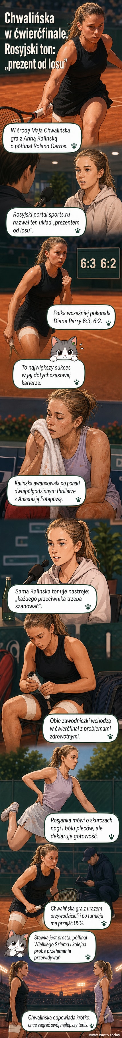 Maja Chwalińska i Anna Kalinska podczas meczu ćwierćfinałowego Roland Garros 2026 na czerwonym korcie, w tle widoczni sędziowie i publiczność.