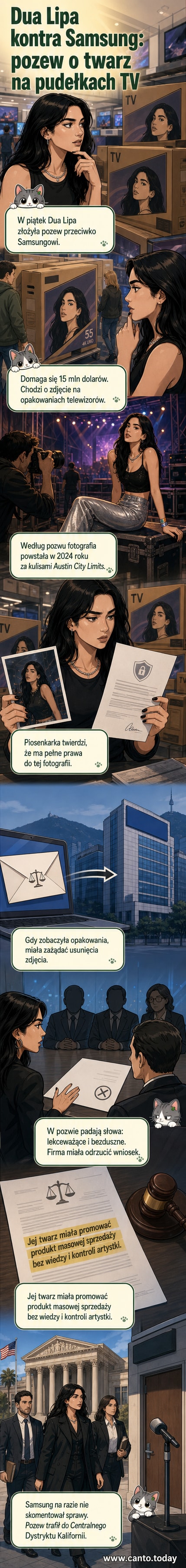 Ilustracja przedstawiająca Dua Lipy z zaskoczonym wyrazem twarzy, stojącą obok dużego pudełka od telewizora Samsunga z jej zdjęciem na boku.