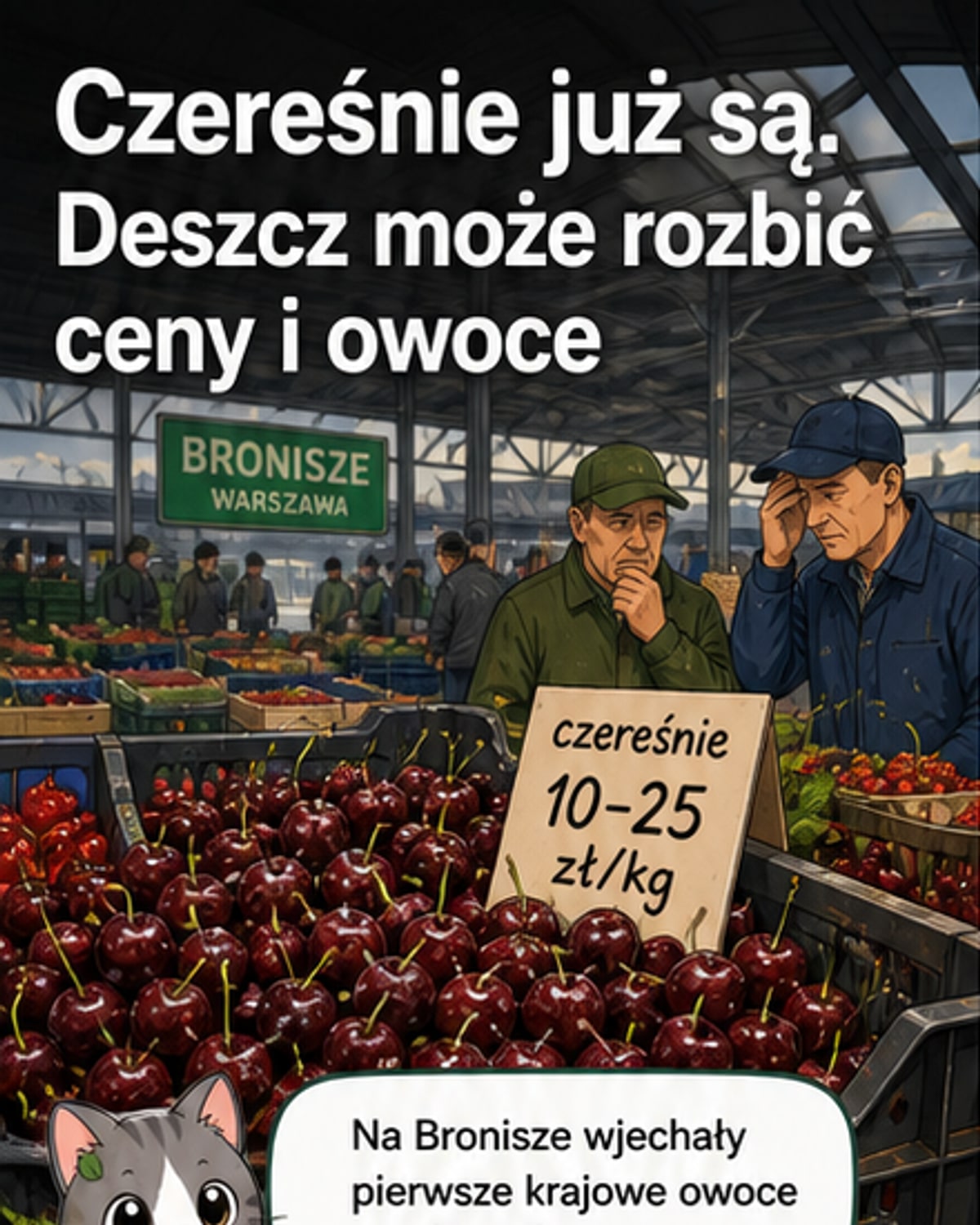 Ilustracja przedstawia giełdę w Broniszach, gdzie sprzedawane są drogie owoce jagodowe – jagody kamczackie, porzeczki i agrest – w tle widoczne są uprawy pod tunelami i zmartwieni sadownicy patrzący na deszcz.