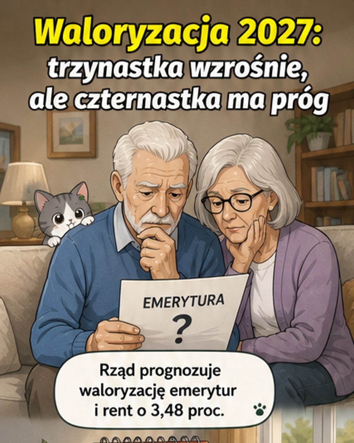 Ilustracja przedstawiająca dwóch emerytów: jednego z uśmiechem trzymającego kopertę z 13. i 14. emeryturą, drugiego z pustymi dłońmi i zmartwioną miną.