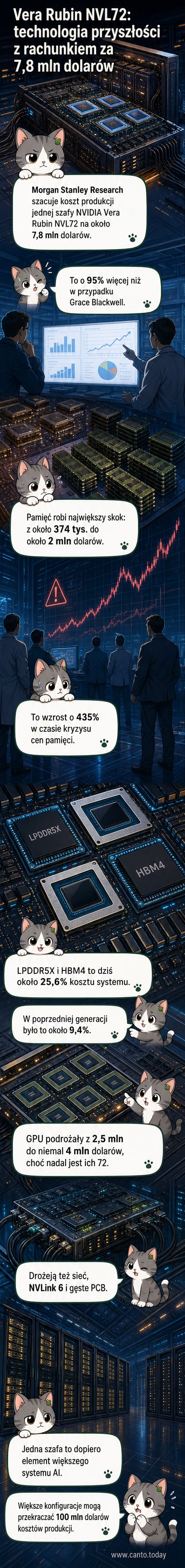 Ilustracja szafy serwerowej NVIDIA Vera Rubin z podświetlonymi komponentami: GPU, pamięć, połączenia sieciowe.