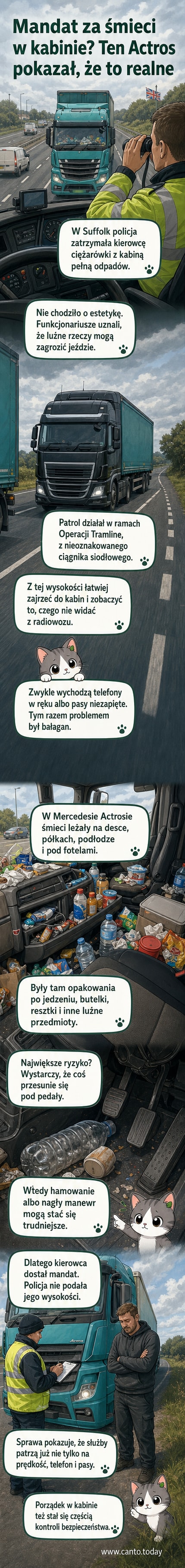 Ilustracja przedstawia kabinę ciężarówki wypełnioną śmieciem – pudełka, plastikowe opakowania i resztki jedzenia leżą na desce rozdzielczej, fotelach i podłodze. Za kierownicą siedzi zaskoczony kierowca, a przez okno widać policyjny DAF CF obserwujący sytuację.