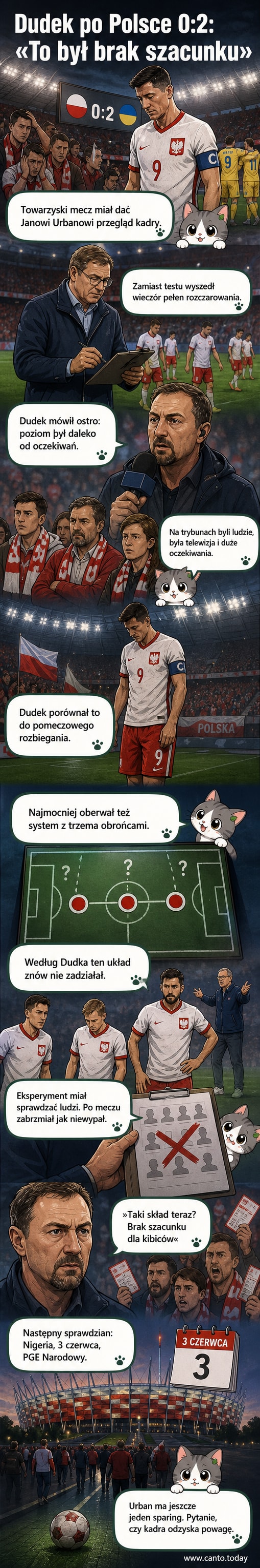 Ilustracja przedstawia wściekłego byłego bramkarza Jerzego Dudka, stojącego na boisku i wskazującego palcem na zawodników reprezentacji Polski, którzy idą w stronę tunelu, podczas gdy trybuny są puste. Tło: stadion w Warszawie.