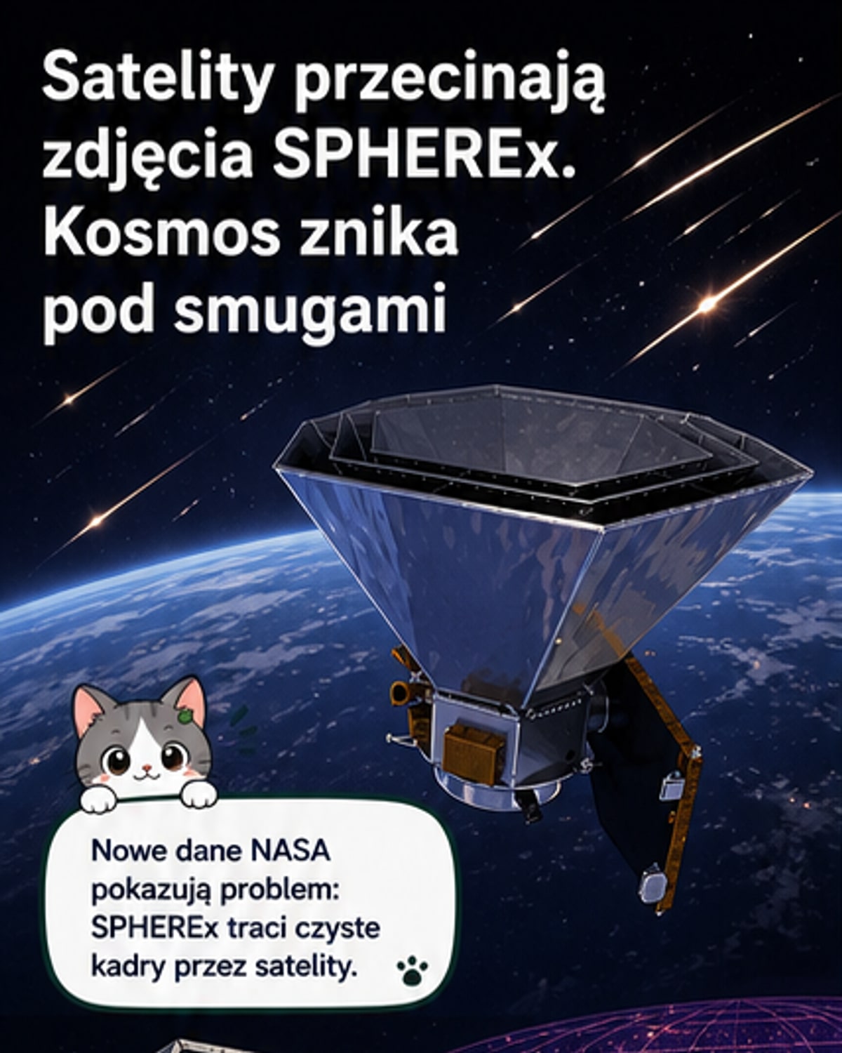 Ilustracja teleskopu SPHEREx na tle nieba przesłoniętego liniami świetlnymi od przelatujących satelitów, tworzących wzór przerywanych śladów.