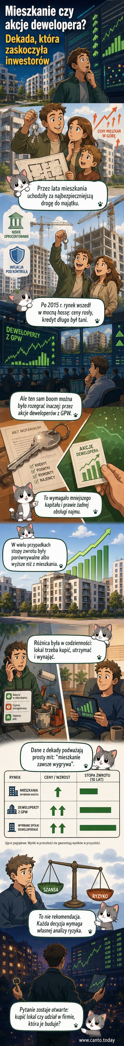 Ilustracja przedstawiająca zestawienie mieszkania i wykresu giełdowego — porównanie inwestycji w nieruchomości i akcje deweloperów.
