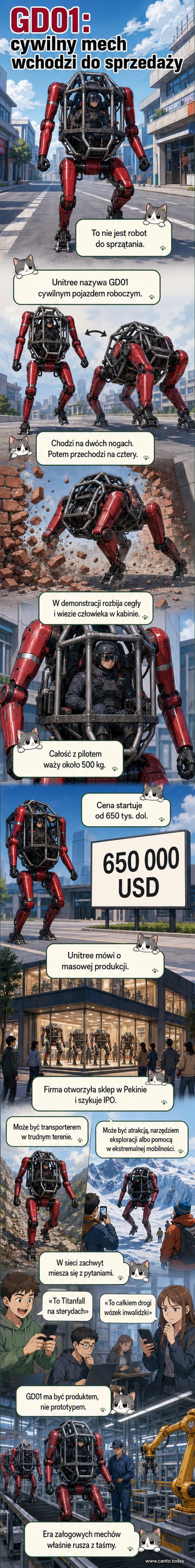 Ilustracja przedstawiająca chiński mech Unitree GD01 w trybie czworonożnym, przemieszczający się przez miejską przestrzeń, z sylwetką operatora widoczną w kabine.