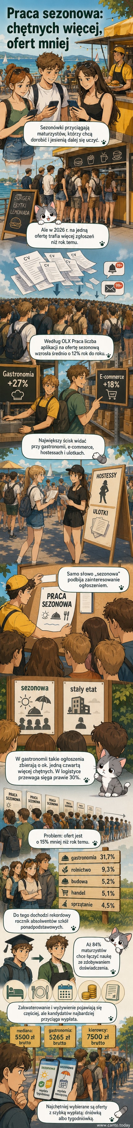 Ilustracja przedstawia grupę młodych ludzi aplikujących na pracę sezonową, z tłem gastronomii i magazynu, oraz wykres wzrostu konkurencji.