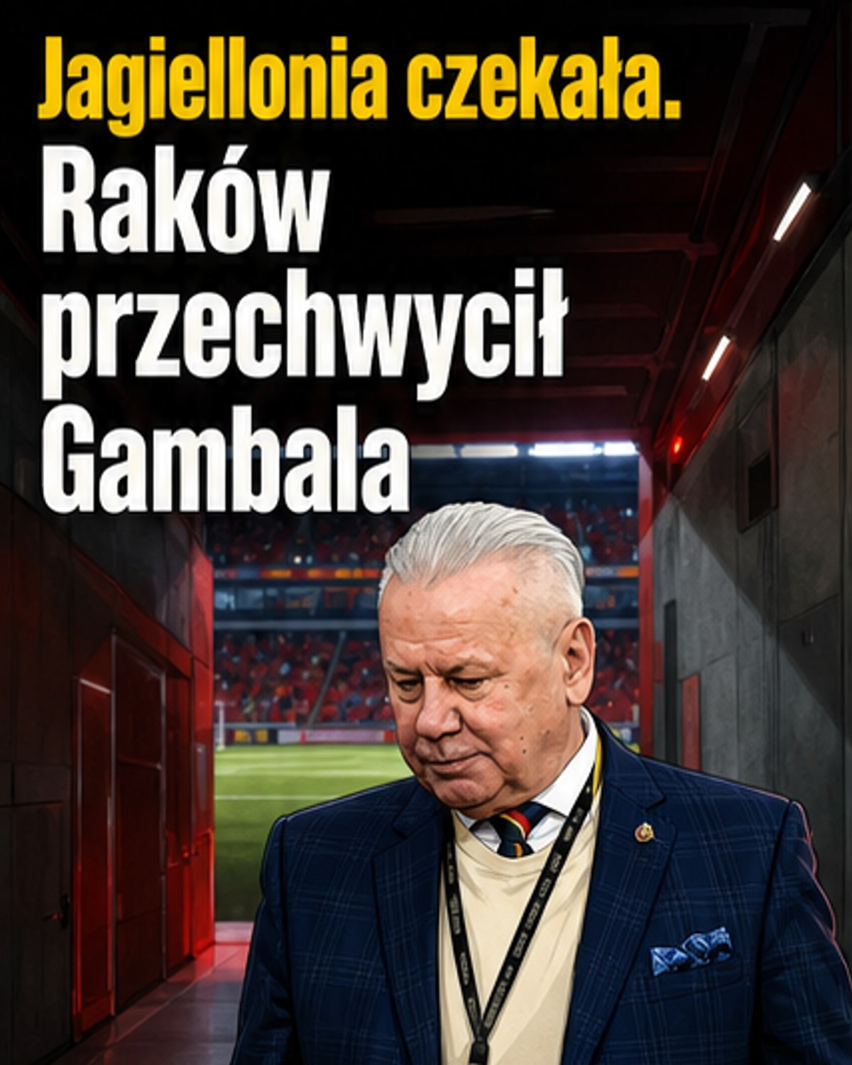 Piłkarska grafika z sylwetkami dwóch klubów Ekstraklasy: Jagiellonii Białystok i Rakowa Częstochowa, z nazwiskiem Jarosława Gambala w centrum i strzałkami wskazującymi jego niespodziewany powrót do Rakowa