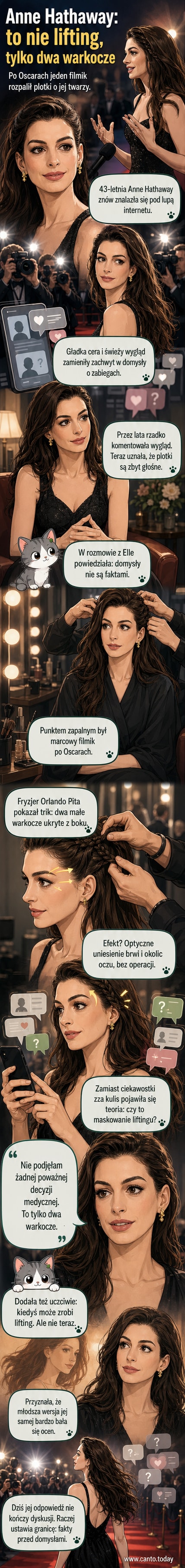 Anne Hathaway uśmiecha się na czerwonym dywanie, promienna i elegancka, z fryzurą podkreślającą jej naturalny wygląd