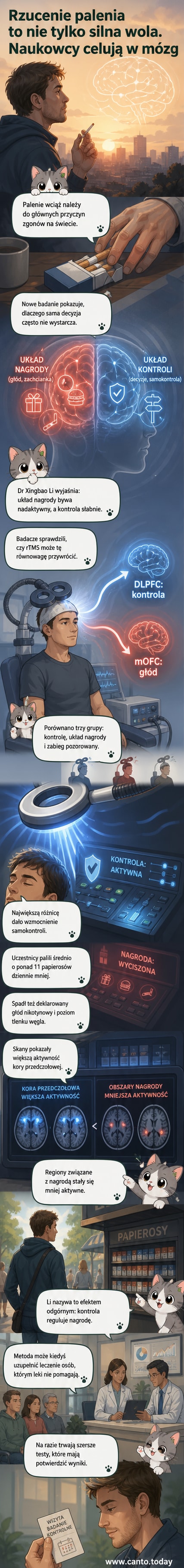 Ilustracja mózgu z zaznaczonym obszarem DLPFC, gdzie stymulacja magnetyczna pomaga wzmocnić samokontrolę u palaczy próbujących rzucić palenie.