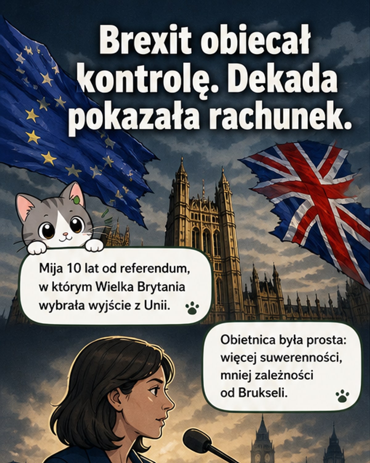 Ilustracja przedstawia rozmowę między przedstawicielką UE a cieniem brytyjskiego polityka, na tle rozpadającej się mapy Wspólnoty i wzrastających wykresów migracji i deficytu handlowego.
