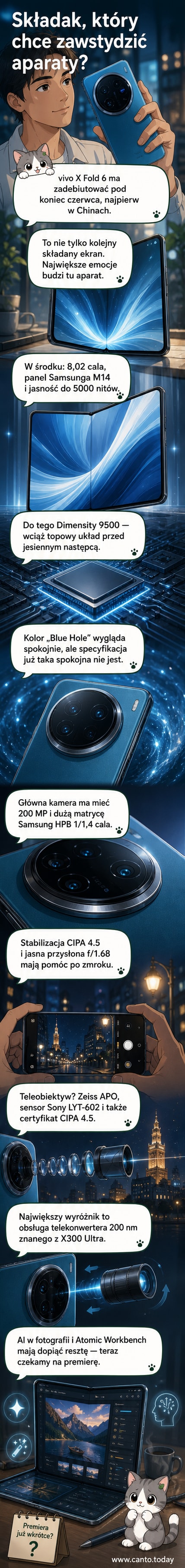 Render telefonu vivo X Fold 6 w kolorze 'Blue Hole' z widocznym dużym aparatem tylnym i składanym ekranem