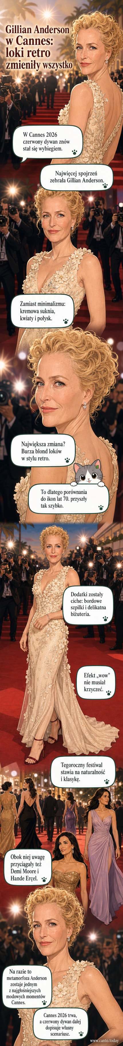 Gillian Anderson na czerwonym dywanie w Cannes 2026 w kremowej sukni z haftowanymi kwiatami i bujnych blond lokach w stylu retro.