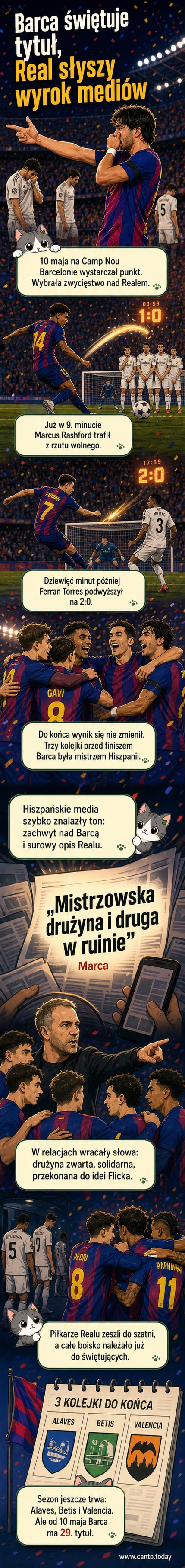Gracze Barcelony świętują na boisku po wygranej 2:0 nad Realem Madryt, z kibicami świętującymi w tle na Camp Nou