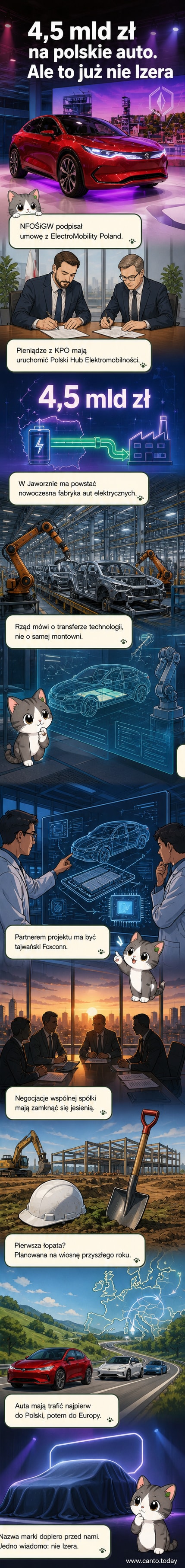 Ilustracja nowoczesnej fabryki samochodów elektrycznych w Jaworznie, z logo Polski Hub Elektromobilności i symbolem współpracy z Foxconnem