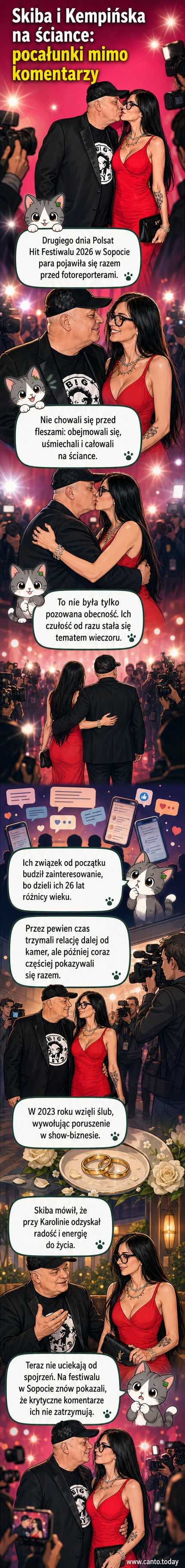 Krzysztof Skiba i jego żona Karolina Kempińska przytulają się na czerwonym dywanie podczas Polsat Hit Festiwalu 2026 w Sopocie.