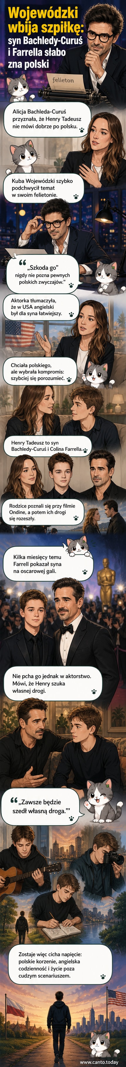 Ilustracja przedstawiająca Kubę Wojewódzkiego z ironicznym uśmiechem, w tle portret Alicji Bachledy-Curuś i Colina Farrella z ich synem Henrym Tadeuszem.