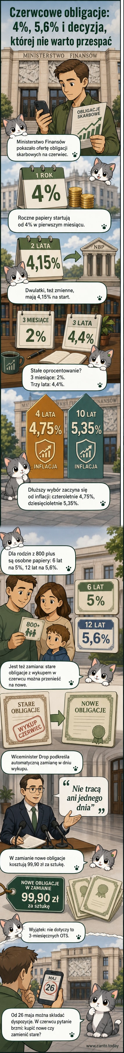 Ilustracja przedstawiająca nową ofertę obligacji skarbowych z czerwca 2026 roku, z widocznymi różnymi oprocentowaniami i opcją zamiany starych papierów na nowe po niższej cenie.