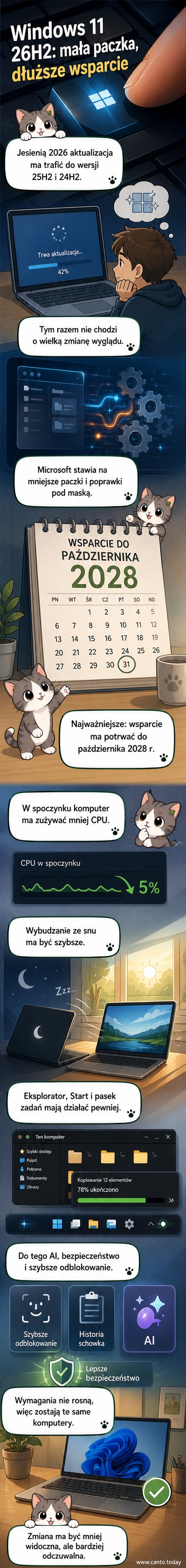Ilustracja przedstawia nowoczesny komputer z ekranem, na którym widać interfejs Windows 11 z napisem '26H2' i ikonami symbolizującymi stabilność, wydajność i bezpieczeństwo.