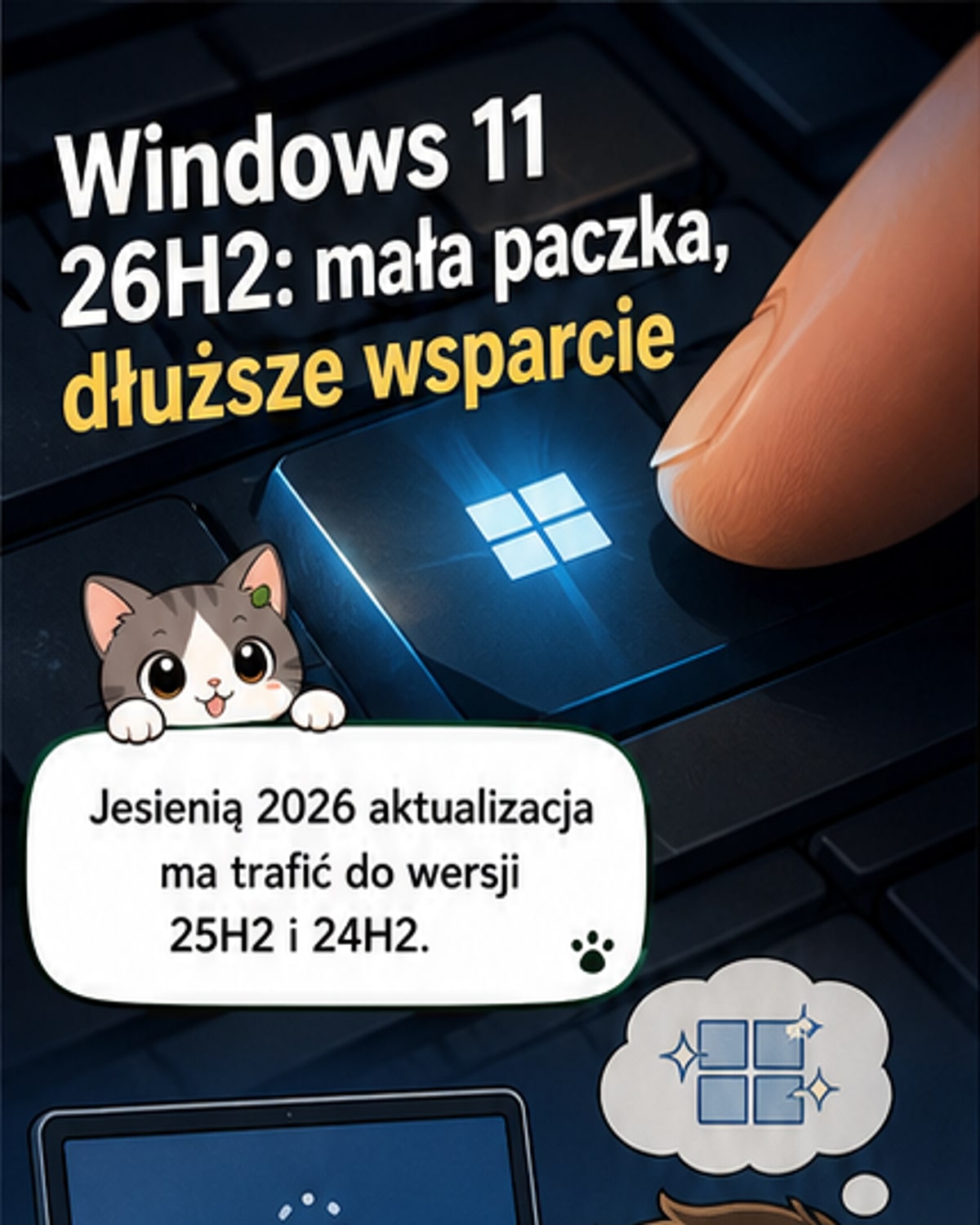 Ilustracja przedstawia nowoczesny komputer z ekranem, na którym widać interfejs Windows 11 z napisem '26H2' i ikonami symbolizującymi stabilność, wydajność i bezpieczeństwo.
