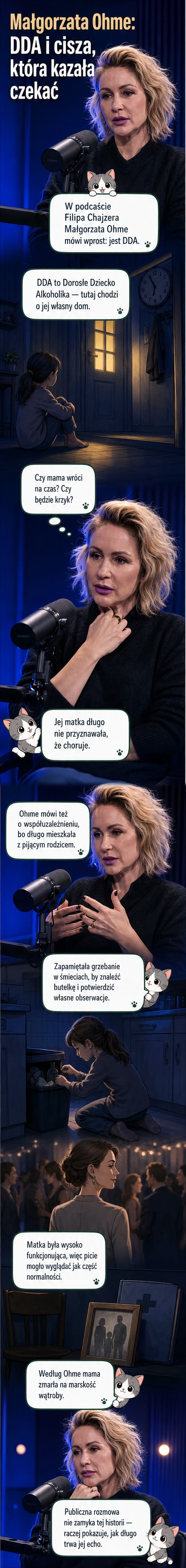 Portret Małgorzaty Ohme w podcaście, z tłem symbolizującym trudne dzieciństwo – puste butelki, ciemne wnętrze, zegar oznaczający oczekiwanie