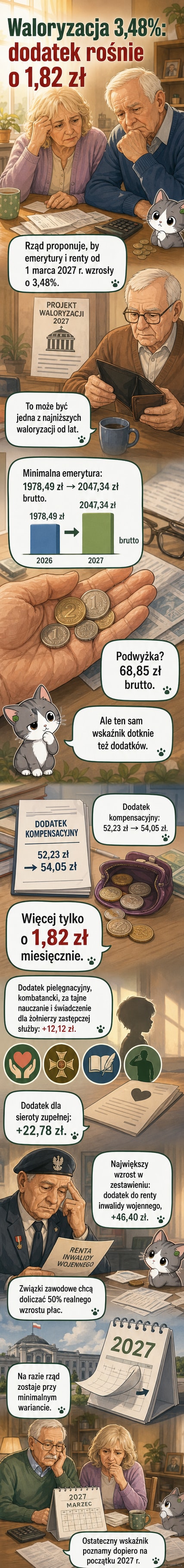 Ilustracja przedstawiająca emeryta z listą emerytur i dodatków, gdzie większość kwot rośnie o kilka złotych, a jedna – o zaledwie 1,82 zł.