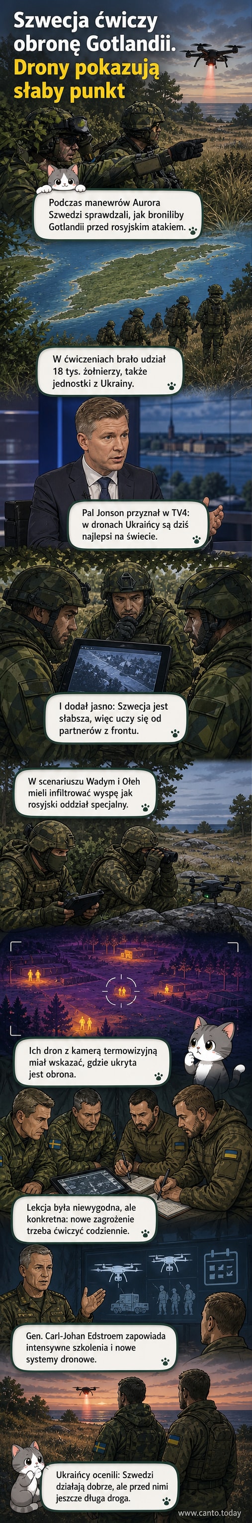 Ilustracja pokazująca ukraińskiego operatora drona termowizyjnego na tle nocnego krajobrazu Gotlandii, obserwującego szwedzkie pozycje wojskowe.