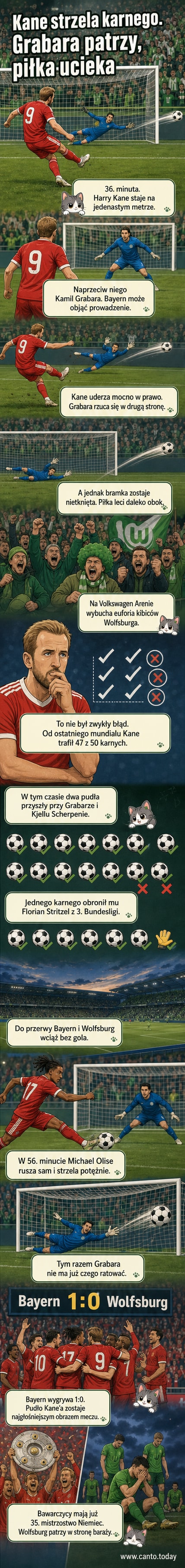 Harry Kane stoi przed bramką po nieudanym rzucie karnym, Kamil Grabara triumfuje, a kibice Wolfsburga świętują.